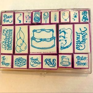 NEW 20 pc Party Stamp Set, Inkadinkado Rubber Crafts Original Plastic Box